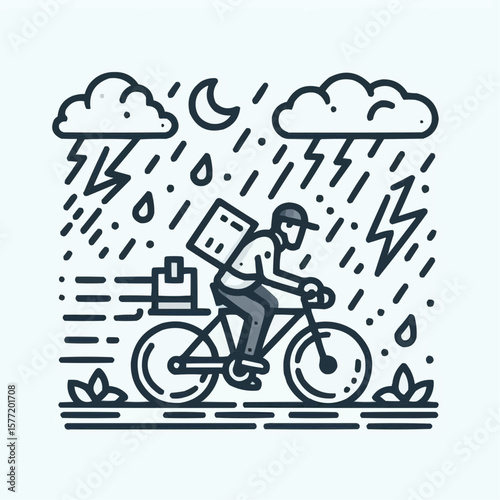 Delivery cyclist riding in stormy weather, determined mood, logistics illustration in line art style