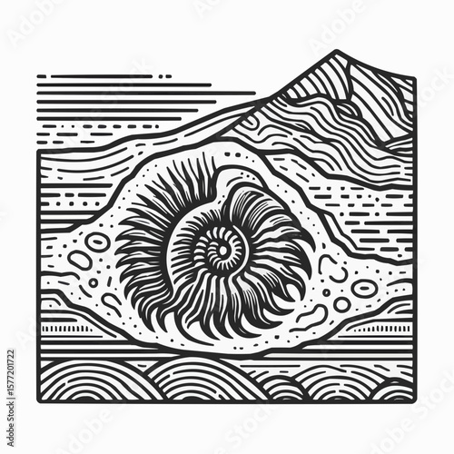 Fossilized ammonite in geological landscape, educational mood, geology illustration in line art style
