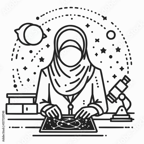 Muslim woman conducting astronomy research, focused mood, educational illustration in line art style