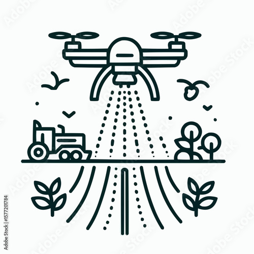 Agricultural drone spraying crops, innovative mood, farming technology illustration in line art

