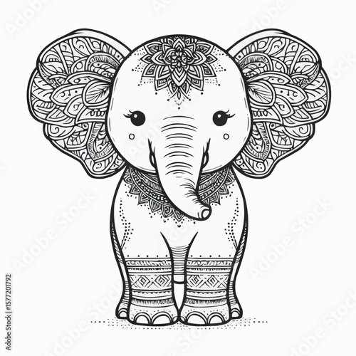 Cute decorated elephant, artistic mood, coloring page illustration in intricate design
