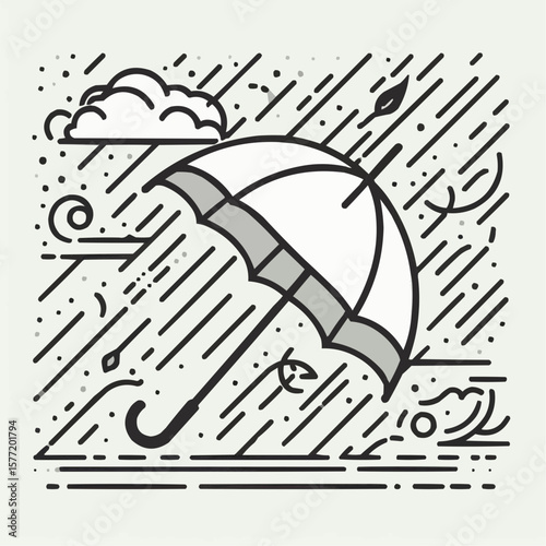 Umbrella in the rain, weather forecast theme, illustration in line art style