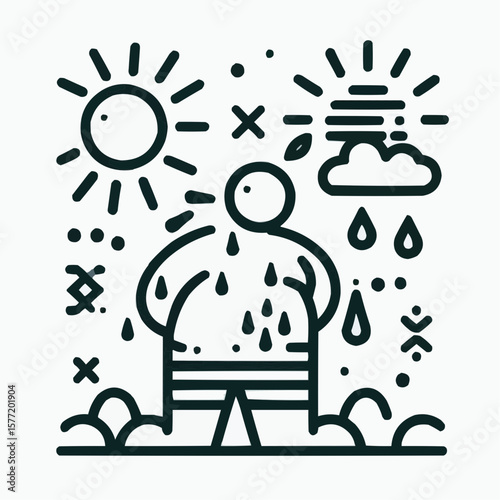 Person sweating in hot weather, summer heat, line art illustration
