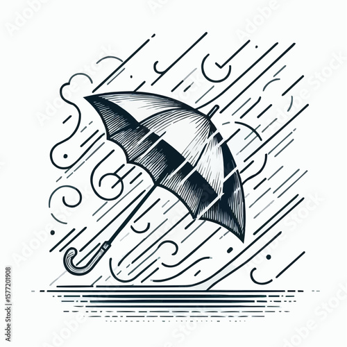 Umbrella in rain with flowing water and wind creating dynamic weather illustration
