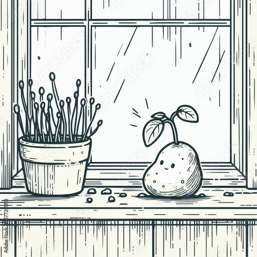 Drawing of sprouted potato and plant on a windowsill for home decor and gardening concept