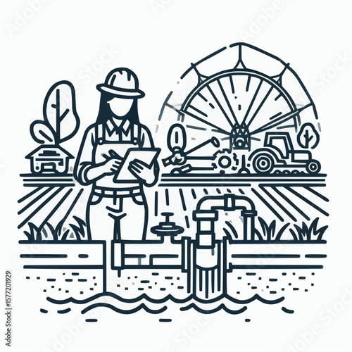 Agricultural engineer inspecting irrigation system, modern farming, line art style