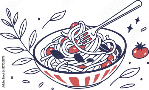 Delightful Spaghetti Bowl Illustration with a touch of Italian flair for a tasty culinary experience.