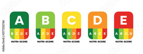 Nutri-Score badges. Nutritional quality of foods stickers