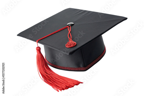Black graduation mortarboard cap with red tassel isolated on transparent background