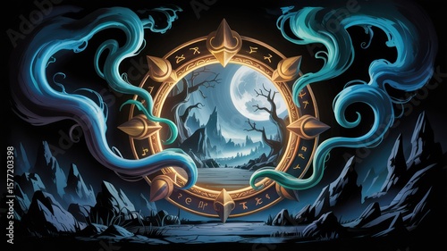 Fantasy landscape with moon and mountains seen through a magical portal with swirling blue smoke