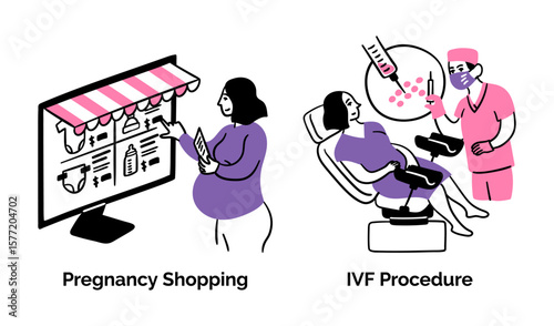 Cartoon Color Pregnancy Scenes Concept Set Shopping and IVF Procedure Flat Design Style with Elements Thin Line. Vector illustration