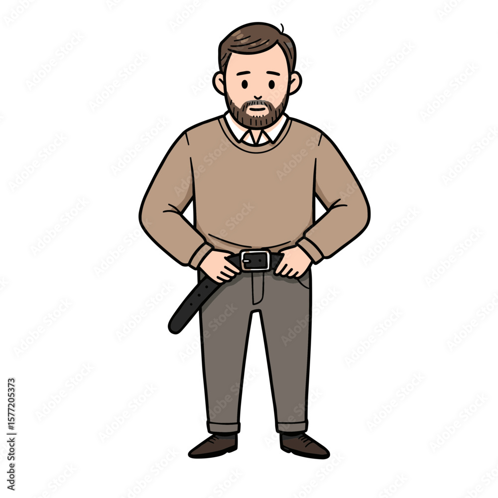 Obraz premium Man with leather belt in casual sweater. Ideal for fashion accessories, men's clothing, and casual wear concepts.