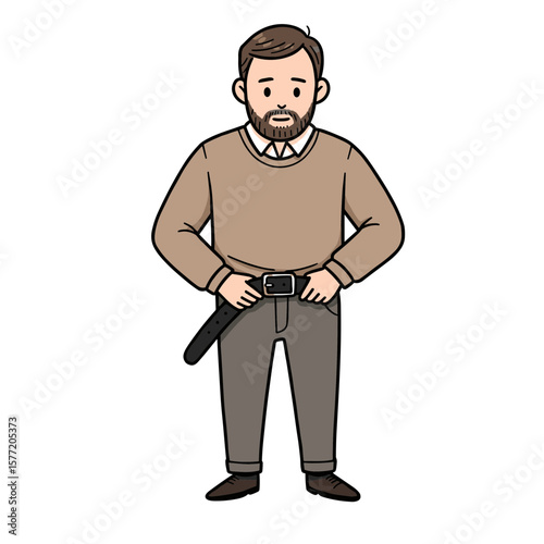 Man with leather belt in casual sweater. Ideal for fashion accessories, men's clothing, and casual wear concepts.