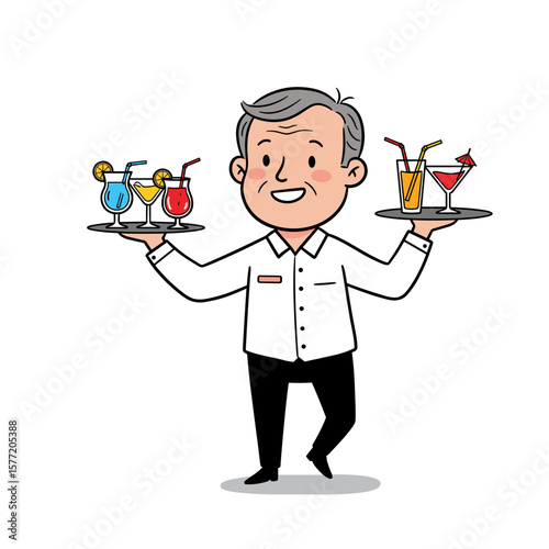 Senior man serving cocktails on trays. Ideal for bartending, hospitality services, and catering event representations.
