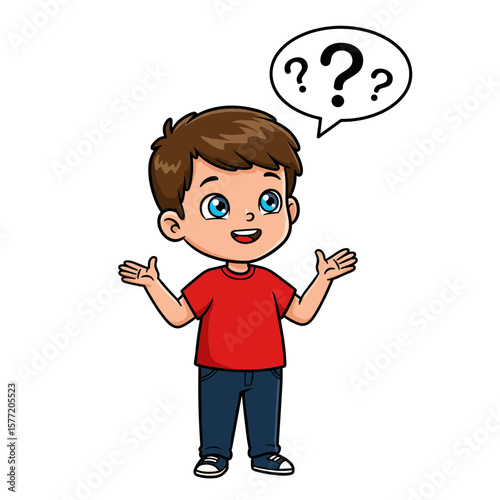 Boy with question marks in speech bubble. Perfect for curiosity, inquiries, and childhood learning process illustrations.