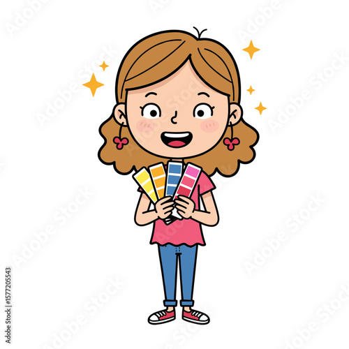 Girl with color swatches or paint samples smiling. Interior design concept for home decoration, renovation, and color selection.