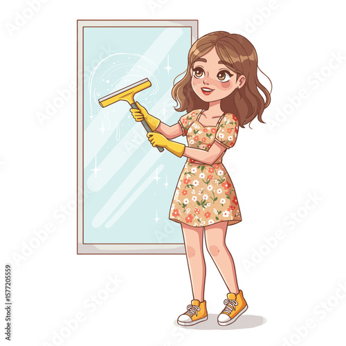Woman cleaning window with squeegee in floral dress. Ideal for household cleaning, home maintenance, and spring cleaning concepts.