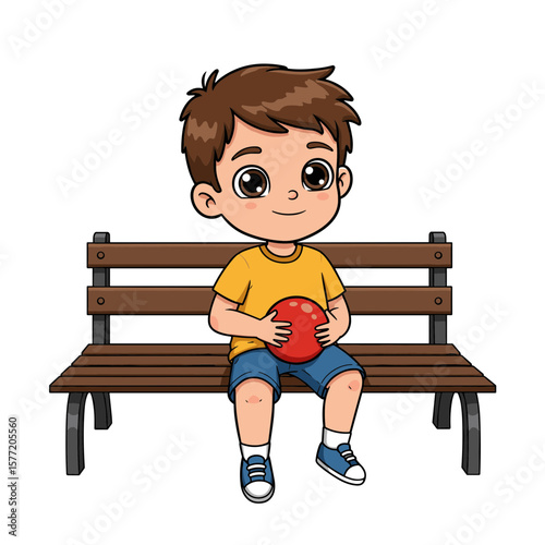 Cheerful boy sitting on a bench holding a ball isolated