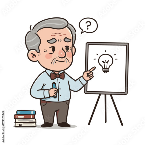 Elderly man professor pointing at board with lightbulb. Education and mentorship concept for knowledge sharing and teaching experience.