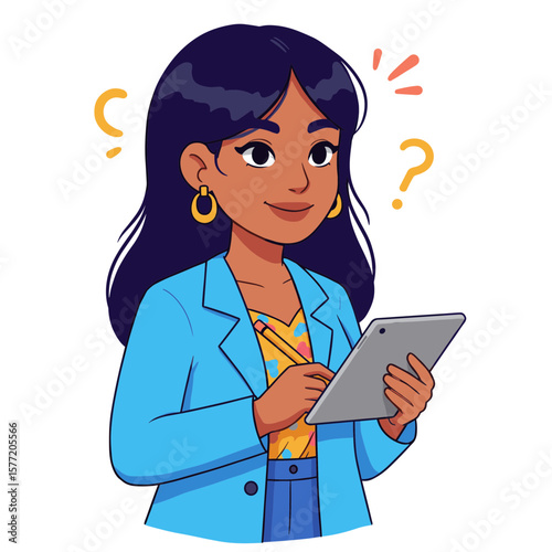 Woman with tablet analyzing data with question marks. Business research concept for problem-solving and information gathering.