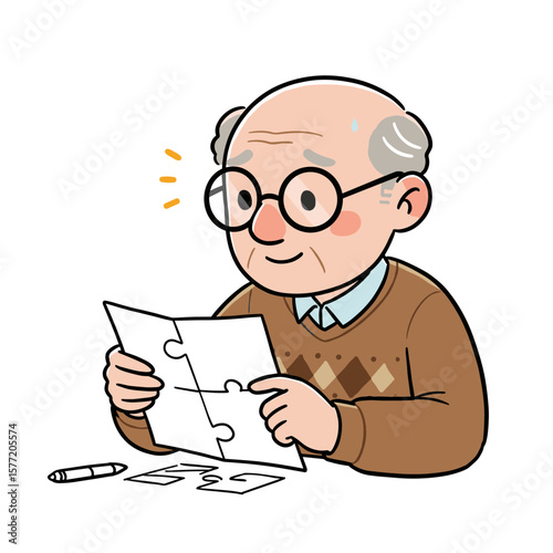 Elderly man with glasses assembling puzzle pieces. Cognitive activity concept for brain training, mental health, and retirement hobbies.