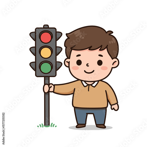 Boy next to traffic light with three colors. Road safety education concept for children's traffic rules and pedestrian awareness.