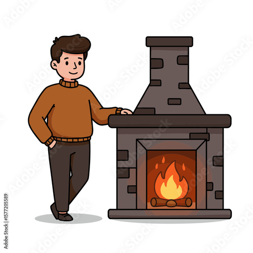 Man beside fireplace with burning fire. Home comfort concept for winter warmth, cozy atmosphere, and traditional heating.