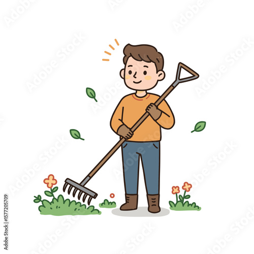 Boy with garden rake tending to flowers and plants. Perfect for gardening and outdoor activities concepts.