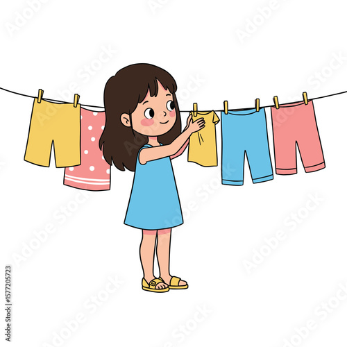 Girl hanging colorful laundry on clothesline. Ideal for household chores and sustainable living illustrations.