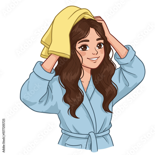 Woman drying hair with yellow towel after shower. Ideal for personal care and morning routine illustrations.