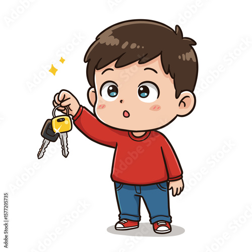 Boy holding house keys with excited expression. Perfect for first home and property acquisition concepts.