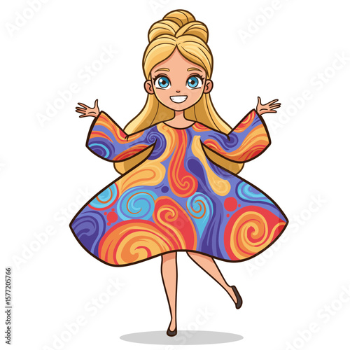 Woman in colorful swirling dress with dynamic movement. Ideal for fashion design and artistic expression concepts.