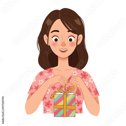 Woman holding wrapped gift box with happy expression. Ideal for celebration and gift-giving illustrations.