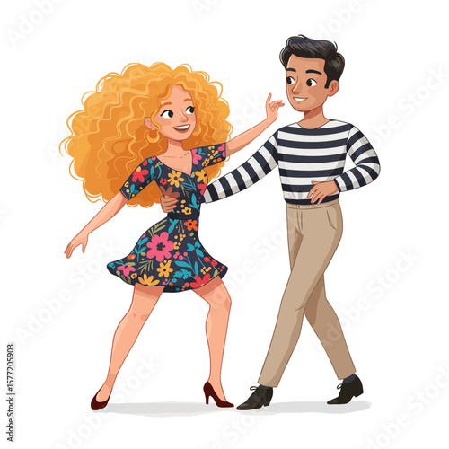 Couple dancing with colorful dress and striped shirt. Perfect for social dance classes, partnership activities, or event entertainment illustrations.