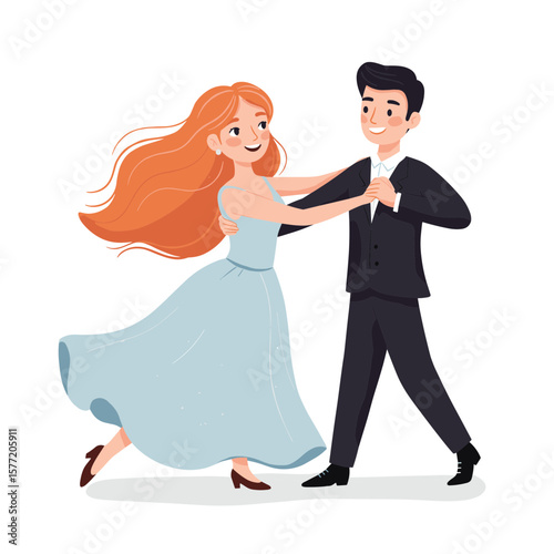 Couple dancing with flowing dress and formal suit. Perfect for wedding celebrations, ballroom events, or romantic dance illustration.