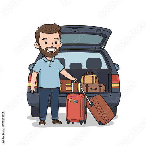 Man with luggage by car trunk loaded with suitcases. Ideal for travel preparations, vacation packing, or journey concept illustrations.
