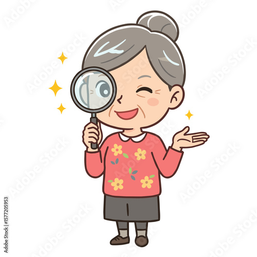 Grandmother with magnifying glass in floral shirt. Ideal for investigation concepts, senior curiosity, or detailed examination illustrations.