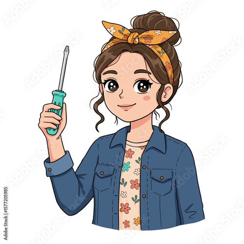 Woman with screwdriver and headband. Perfect for DIY projects, home repair skills, or female empowerment in trades concept illustrations.