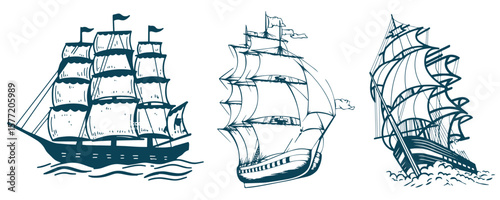 Set of sea ship illustrations isolated on white background. Design element for poster, t shirt, card, emblem, sign, badge