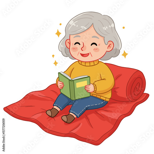 Grandmother on blanket reading book enjoying literature outdoors. Great for senior education, leisure reading, or relaxation.