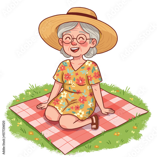 Grandmother on blanket enjoying outdoor picnic relaxation. Great for senior activities, outdoor leisure, or summer content.