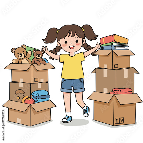 Girl with storage boxes organizing toys and belongings. Great for organization skills, tidying up, or storage solutions.