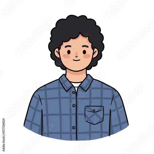 Boy wearing denim shirt casual portrait friendly smile. Great for youth profiles, casual fashion, or character representation.