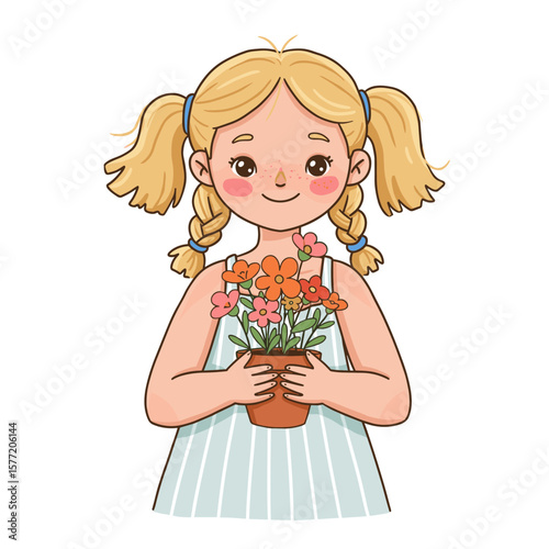 Girl with gift boxes holding flower bouquet presents. Perfect for special occasions, gratitude expressions, or celebrations.