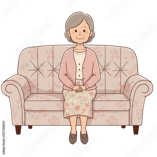 Woman on sofa sitting comfortably in living room. Ideal for retirement lifestyle content, home comfort solutions, and relaxation concepts.