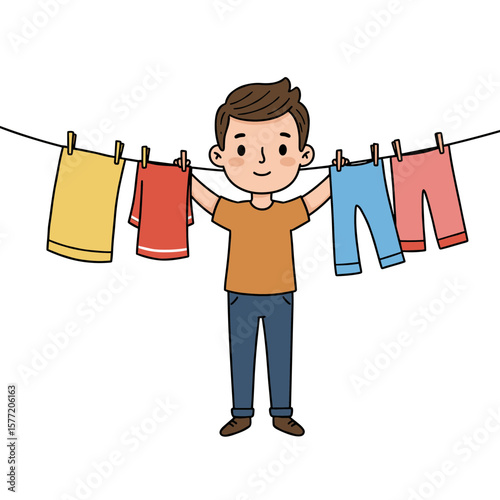 Boy wearing costume hanging laundry clothes on line. Great for household chores, helping at home, or daily routines.