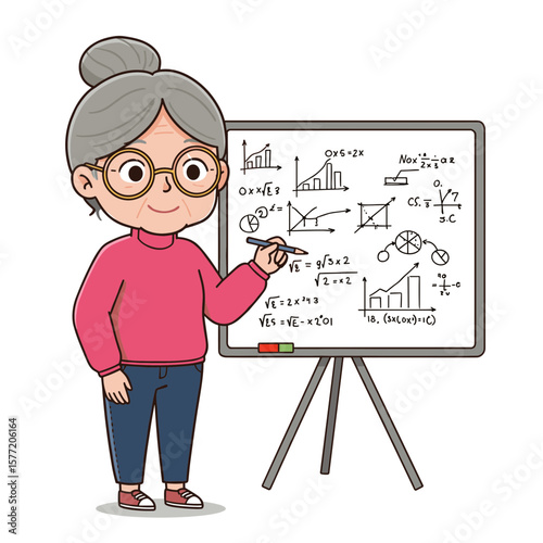 Grandmother with board teaching presentation educational content. Ideal for senior educators, wisdom sharing, or teaching.
