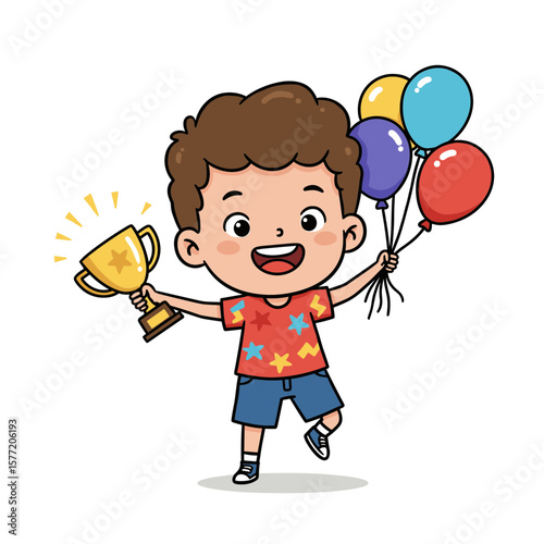 Boy celebrating success holding trophy and balloons. Perfect for achievement recognition, competition victory, and children's award ceremonies.