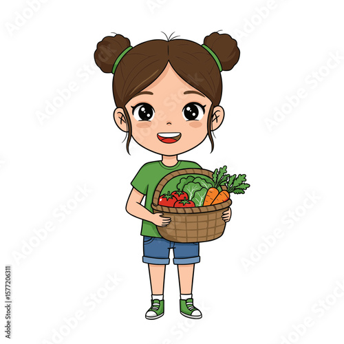 Girl with basket holding fresh vegetables. Perfect for farmers markets, healthy eating promotion, and organic produce concepts.