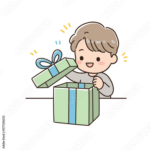 Boy with gift boxes opening wrapped presents. Perfect for birthday celebrations, holiday surprises, and special occasion gift concepts.